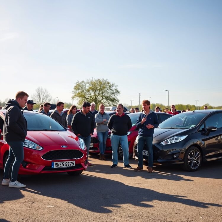 A group of Ford Fiesta owners at a meetup, capturing the community spirit with a professional, engaging stock photo look.