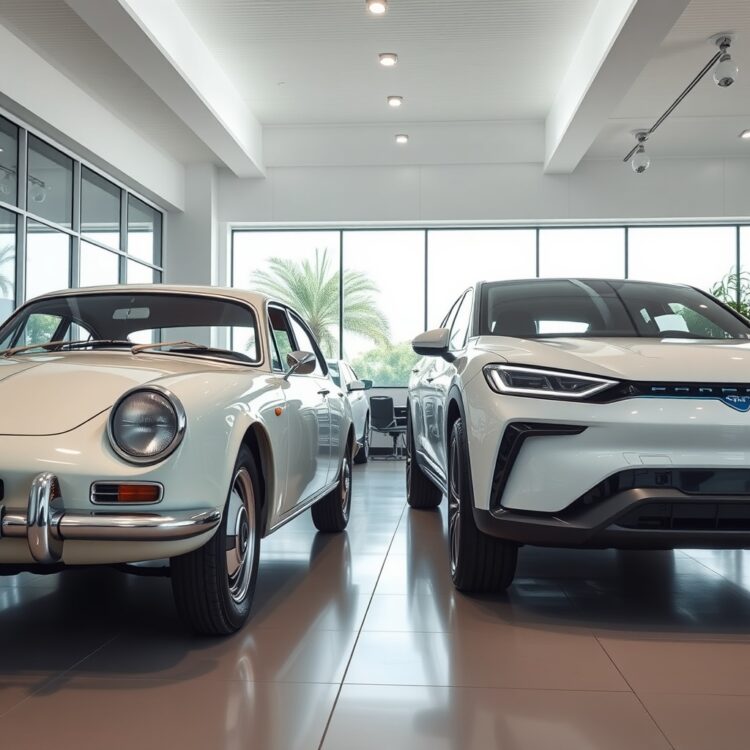A high-quality stock image showing a comparison between a classic car and a modern electric vehicle in a showroom, highlighting environmental considerations and technological advancements.