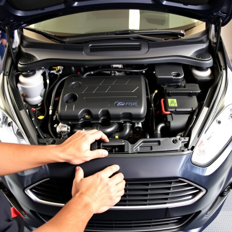 A Ford Fiesta engine bay with a mechanic's hands performing maintenance, highlighting common mechanical issues and care.