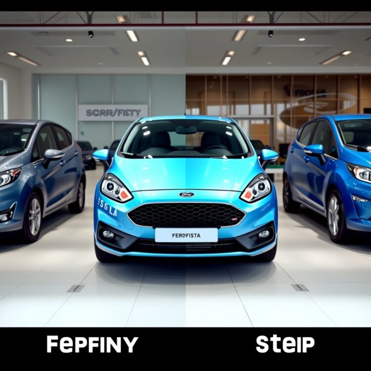 Side-by-side comparison of a Ford Fiesta and other compact cars in a showroom setting, emphasizing longevity comparison.