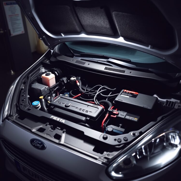 A professional stock photo of a Ford Fiesta with its hood open, highlighting the electrical system components like the battery and wiring, under a dim light to suggest faults or issues.