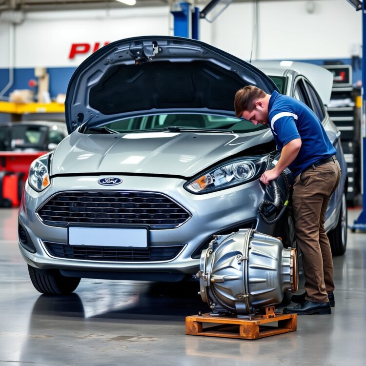 A high-quality stock image of a Ford Fiesta in a repair shop, with a mechanic inspecting the transmission, symbolizing the frequent recalls and transmission problems.