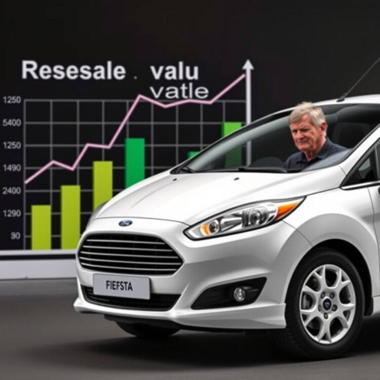 A professional stock photo showing a Ford Fiesta next to a graph depicting depreciation rates, with a sad-faced owner looking at the car, representing resale value depreciation concerns.