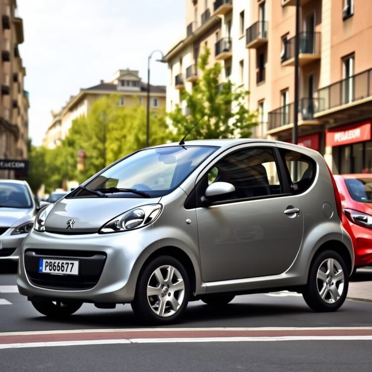 A sleek Peugeot 107 parked in a vibrant city setting, showcasing its compact design and urban appeal under natural daylight.