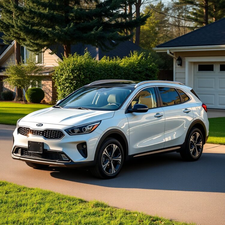 A spacious Kia Ceed parked in a suburban driveway, highlighting its family-friendly features and durable design in a serene environment.