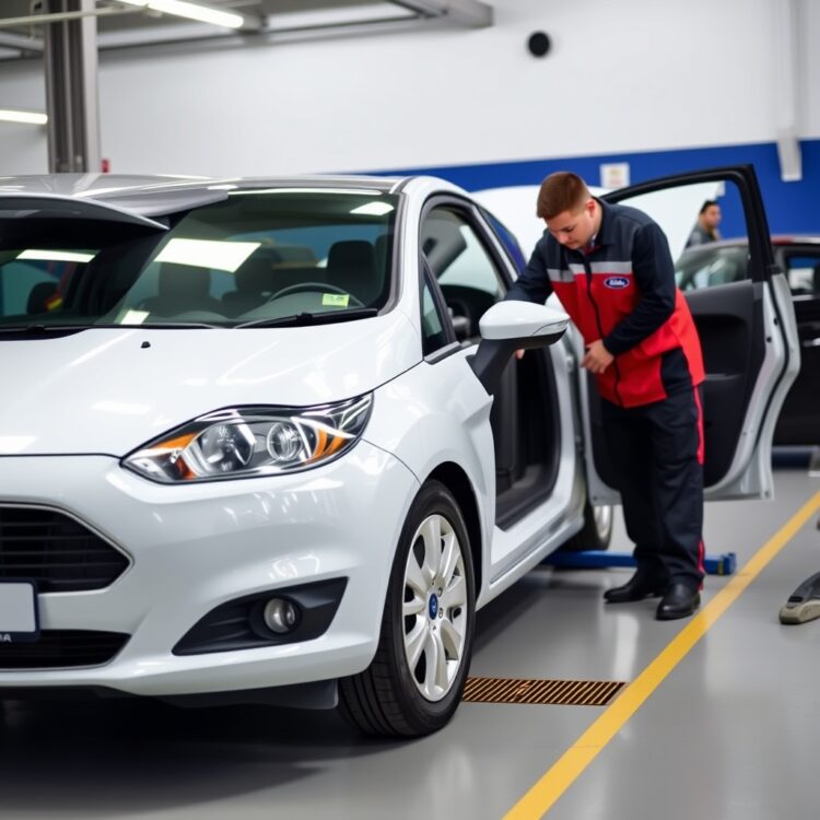 A professional stock photo of a Ford Fiesta with a service technician performing a check-up, symbolizing support and services for existing owners.
