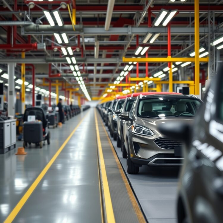 A high-quality image of a Ford manufacturing plant focusing on the production line, highlighting economic trends and production costs affecting small car manufacturing.