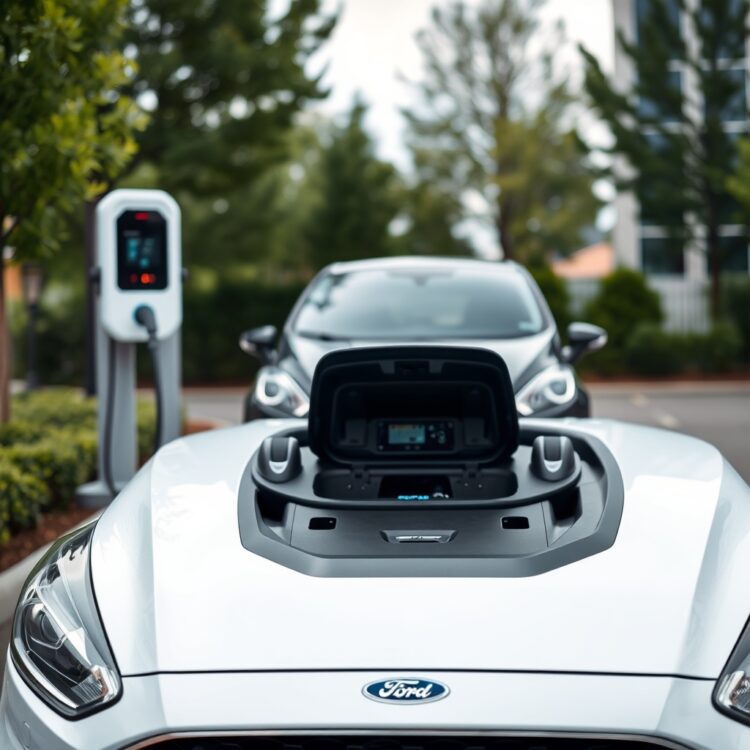 A professional stock photo showcasing a Ford electric vehicle charging station, representing the future of Ford's electric and hybrid offerings and support for current Fiesta owners.