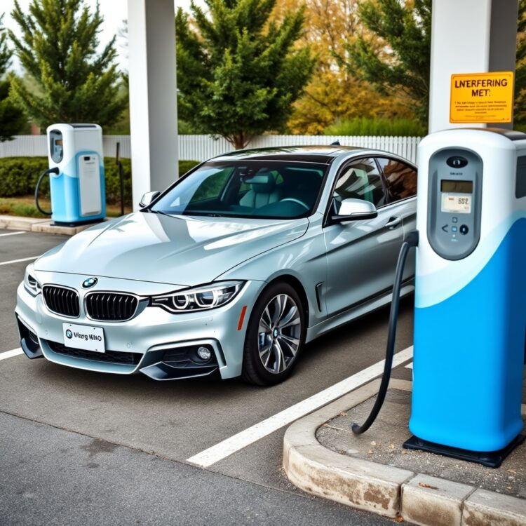 A sleek BMW car parked at a charging station, symbolizing fuel efficiency and hybrid options for students.