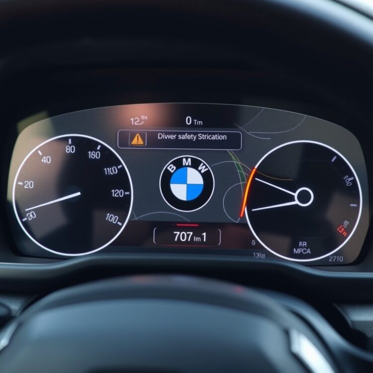 A close-up of a BMW dashboard highlighting advanced safety features and driver assistance systems, emphasizing safety for student drivers.