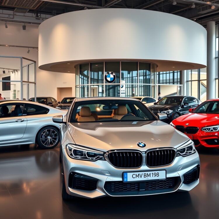 A modern BMW showroom with a variety of models on display, representing the options available for students looking to buy their BMW.