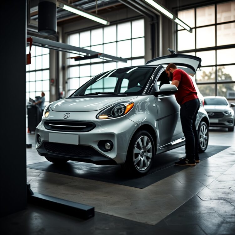 A professional stock photo of a small car being serviced in a modern garage, highlighting regular maintenance activities to ensure reliability.