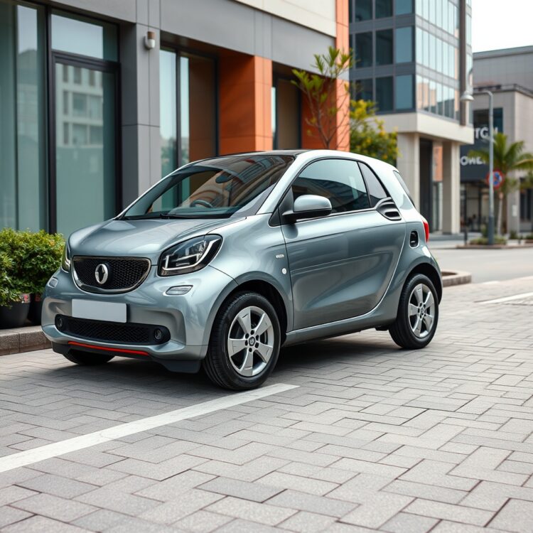 A high-quality image of a sleek automatic small car parked in an urban setting, showcasing its design and reliability features.