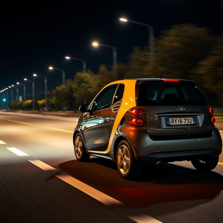 A professional stock photo of a small car equipped with advanced safety features, driving safely on a well-lit road at night.