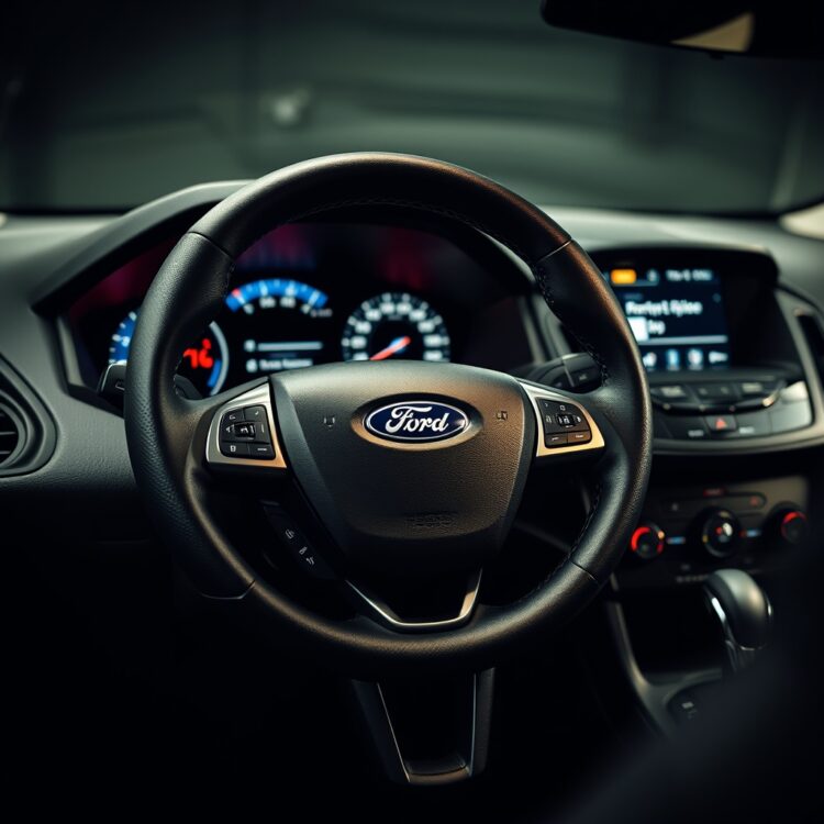 A detailed close-up of a Ford Focus dashboard and interior, showcasing its design and features, under professional lighting.