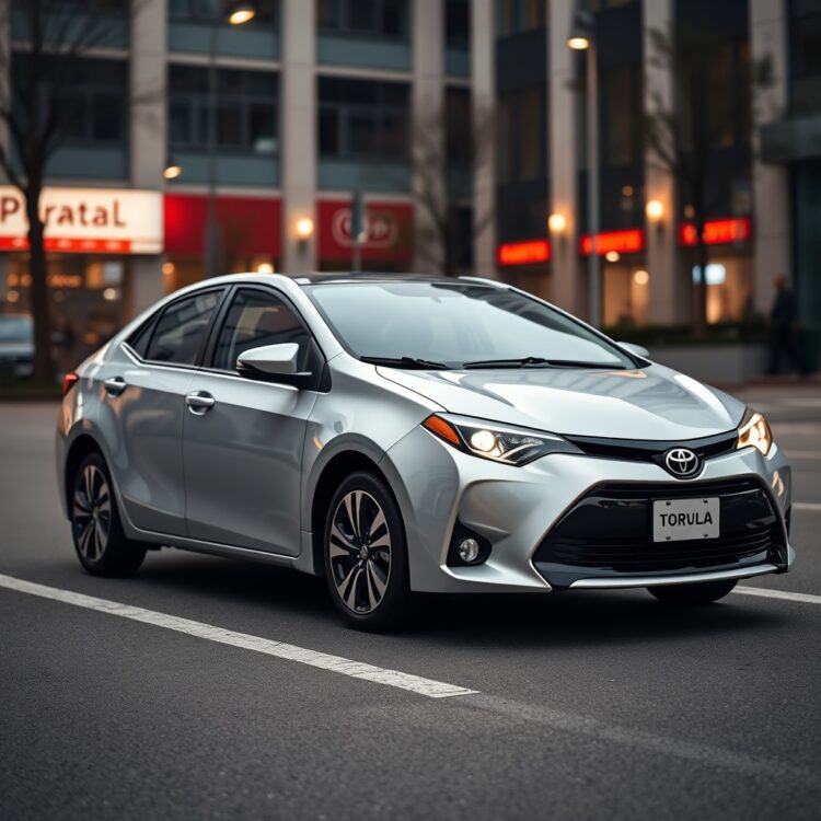 A professional shot of a Toyota Corolla parked in an urban setting, focusing on its sleek design and reliability features.