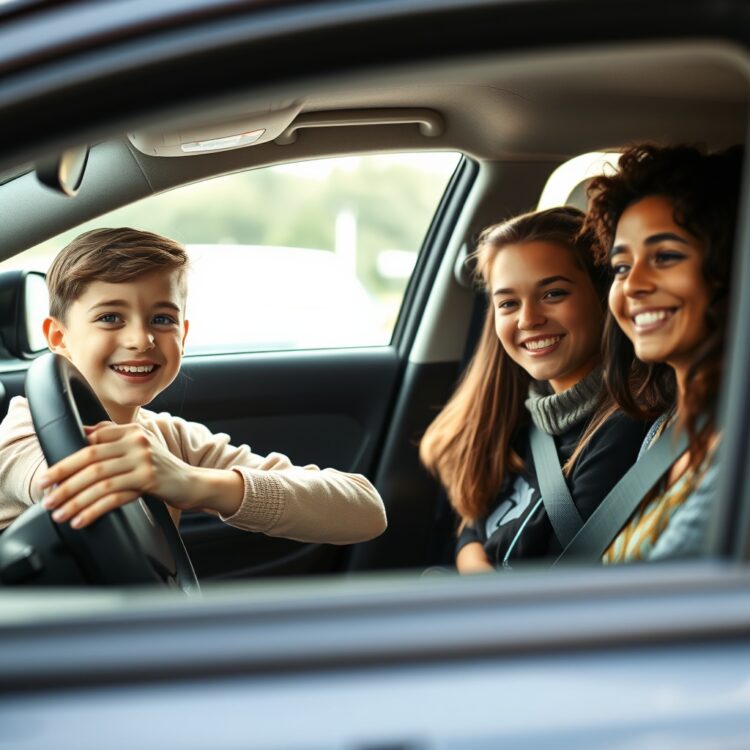 A confident young driver smiling behind the wheel of their first car, with a supportive friend or family member in the passenger seat, emphasizing the psychological benefits of choosing the right first car.