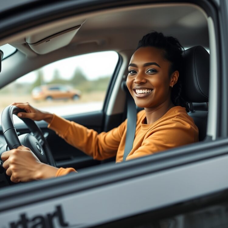 A high-quality stock image of a person test driving a car, with a smile on their face, showcasing the excitement and importance of the test drive experience.