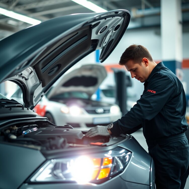 A professional stock photo of a car being serviced at a garage, focusing on the mechanic performing a routine maintenance check under the hood.