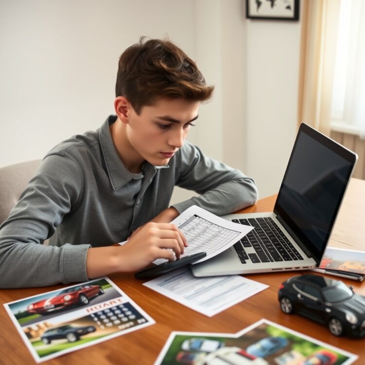 A young person carefully reviewing a budget spreadsheet on a laptop, with a calculator and car brochures scattered on the table, symbolizing budget considerations for a first car.