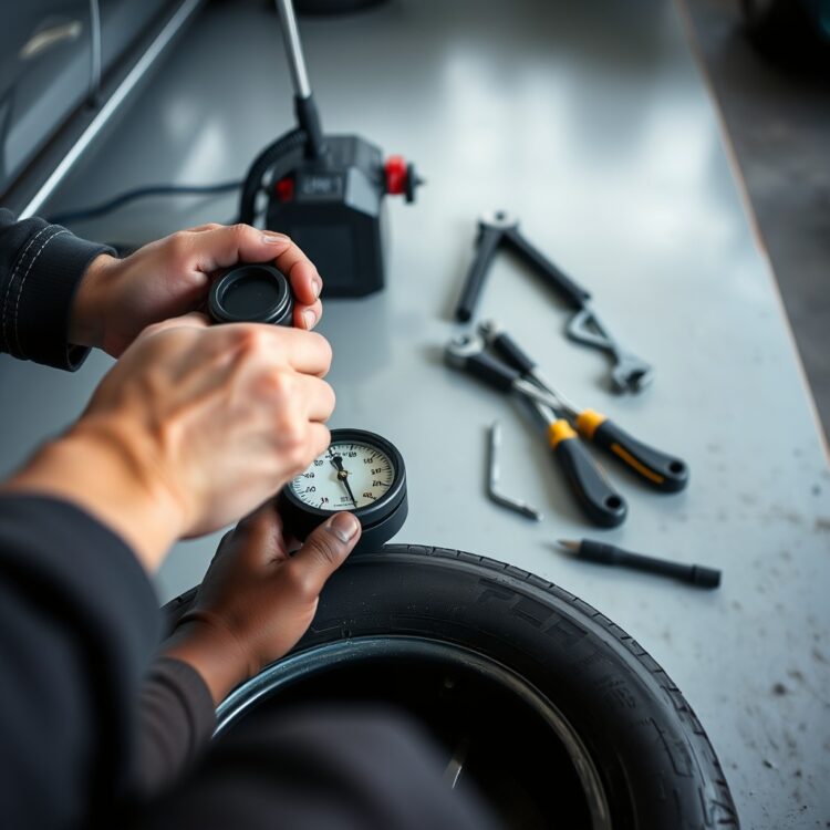 A close-up of hands performing basic car maintenance, such as checking oil or tire pressure, with tools laid out on a clean garage floor, emphasizing the importance of regular car care.