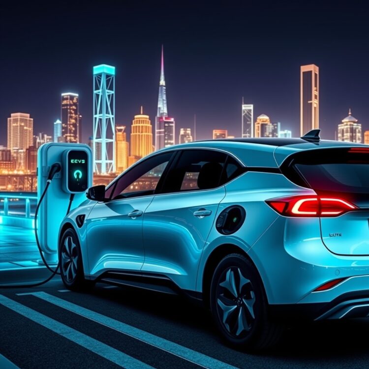 A sleek, modern electric vehicle charging at a station with a futuristic cityscape in the background, symbolizing the rise of EVs in the automotive market.