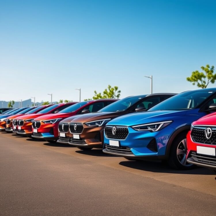A sleek lineup of budget-friendly cars under $20,000 parked in a row under bright sunlight, showcasing their modern designs and vibrant colors.
