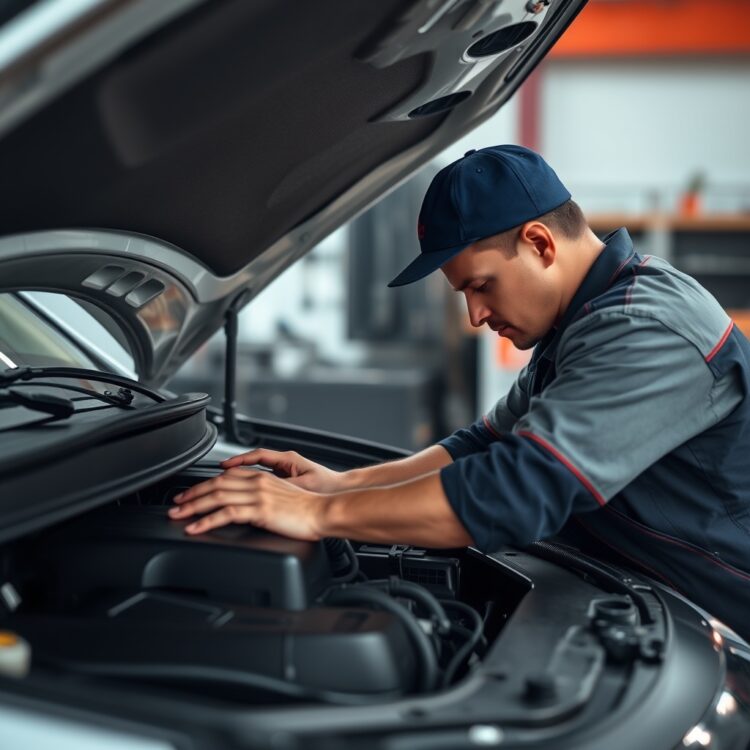 A close-up of a car's engine bay with a mechanic in uniform performing a routine maintenance check, highlighting the importance of upkeep for value retention.