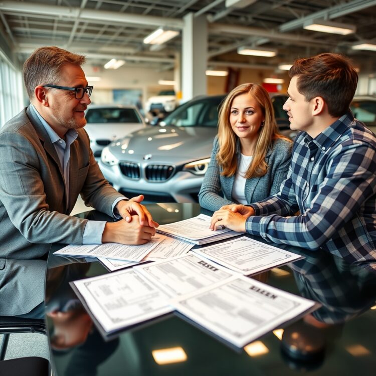 A professional financial advisor discussing car financing options with a couple at a dealership, with loan and lease documents spread out on a table.