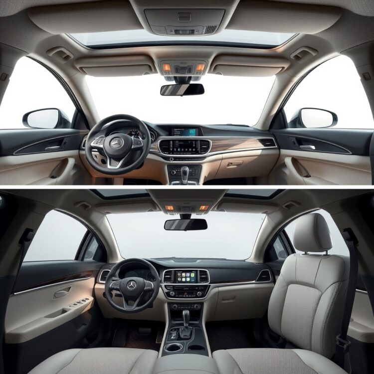 A luxurious car interior with high-end materials and advanced technology features, contrasted with a simple, efficient economy car interior, highlighting the market comparison between luxury and economy models.