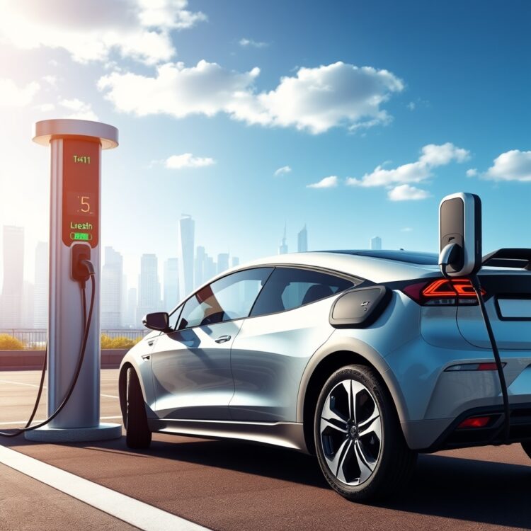 A modern electric vehicle charging at a station with a futuristic cityscape in the background, symbolizing the transition to electric mobility and market reactions.