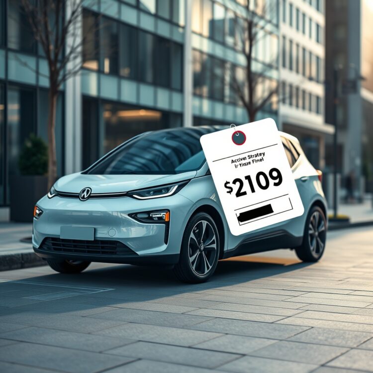 A sleek electric vehicle parked in an urban setting with a price tag subtly displayed, highlighting the pricing strategy and market positioning.