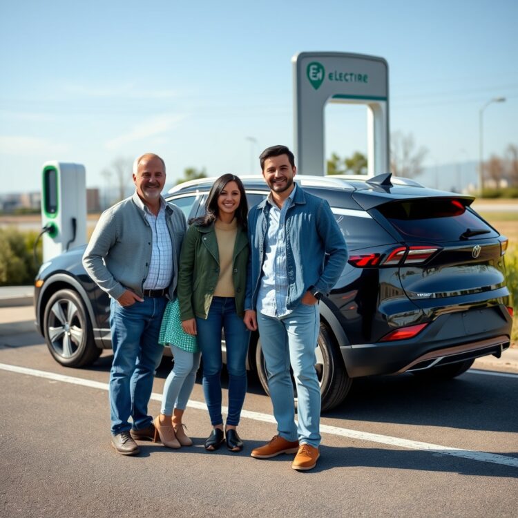 A happy family standing next to their new electric vehicle, with a charging station in the background, representing customer support and the transition to EV ownership.