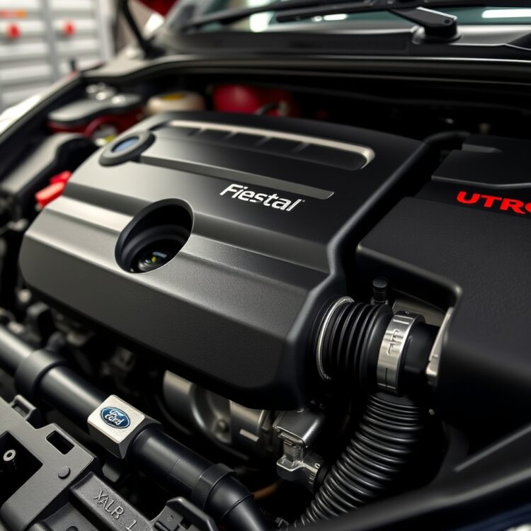 A detailed close-up of a Ford Fiesta's petrol engine, showcasing the 1.0L EcoBoost, 1.1L Ti-VCT, and 1.5L EcoBoost (ST Model) engines in a professional garage setting.