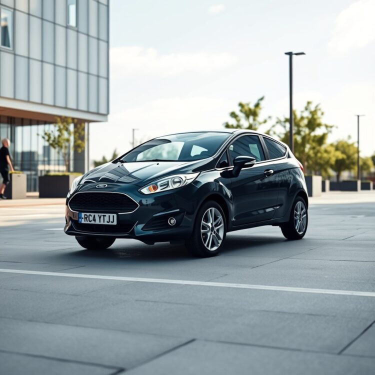 A sleek Ford Fiesta parked in a modern urban environment, highlighting its fuel efficiency and low CO2 emissions with a focus on environmental sustainability.
