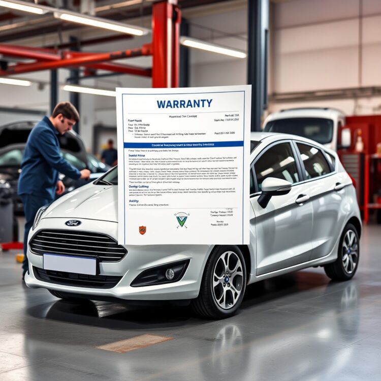 A high-quality image of a Ford Fiesta's warranty document and a mechanic performing a service check, emphasizing reliability and warranty coverage.