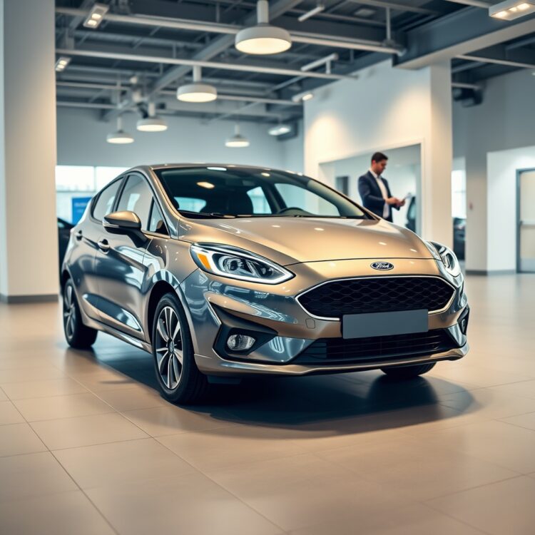 A sleek, modern Ford Fiesta parked in a well-lit dealership showroom, highlighting its design and features, with a salesperson in the background assisting a customer.