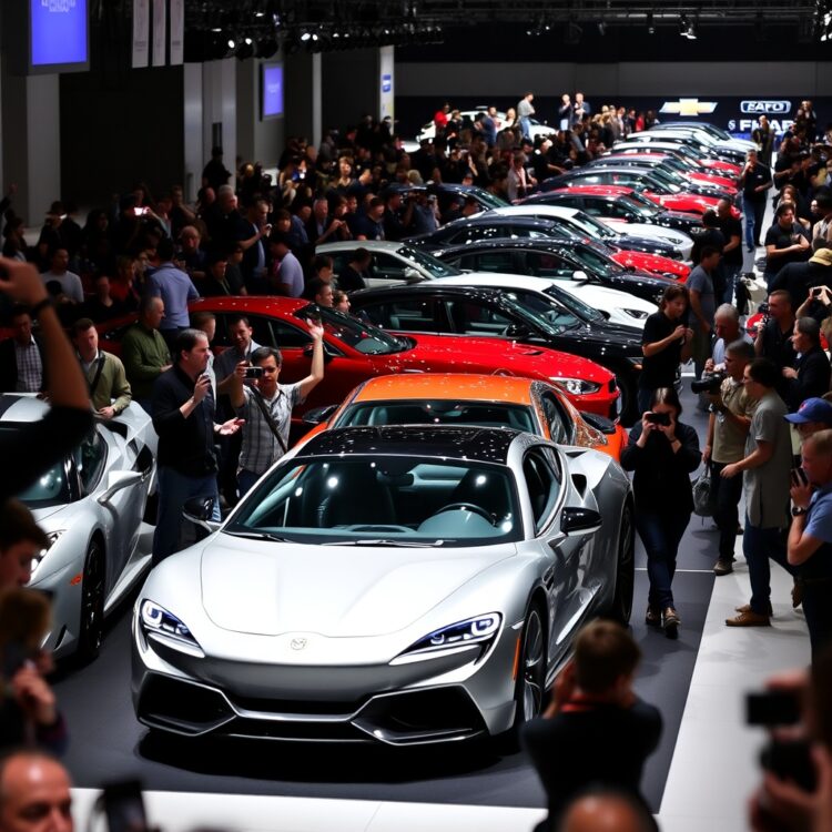 A lineup of the latest car models unveiled at a major auto show, with excited attendees and flashing cameras, capturing the buzz around the most anticipated car releases of the year.