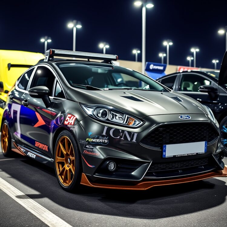 A customized Ford Fiesta with performance upgrades and aesthetic modifications, showcased at a car meet, under dynamic lighting to emphasize its unique features.