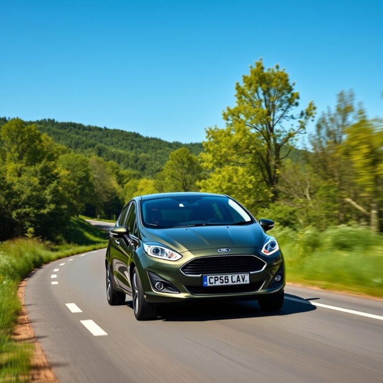 A Ford Fiesta driving on a scenic road, surrounded by lush greenery, showcasing its fuel efficiency and environmental friendliness with a clear blue sky above.