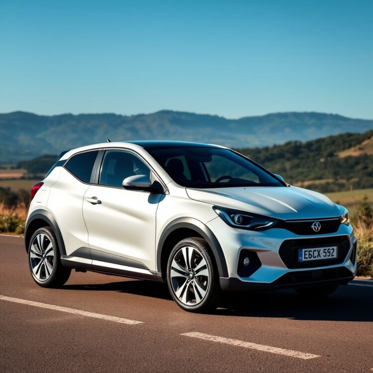 A sleek, modern compact car with sporty dynamics parked on a scenic road, showcasing its agility and design, under a clear blue sky.