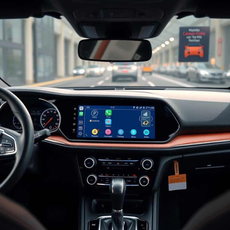A high-tech car dashboard with an advanced infotainment system displayed, highlighting connectivity features and user interface in a premium compact car interior.