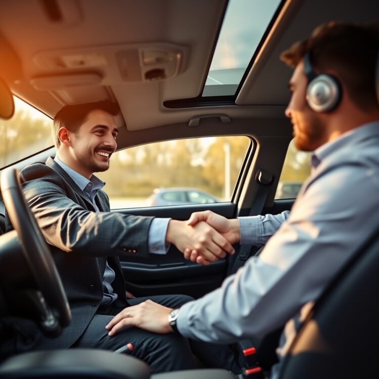 A professional car dealer shaking hands with a customer during a test drive, symbolizing the final decision-making process in choosing a better car than a Ford Fiesta.