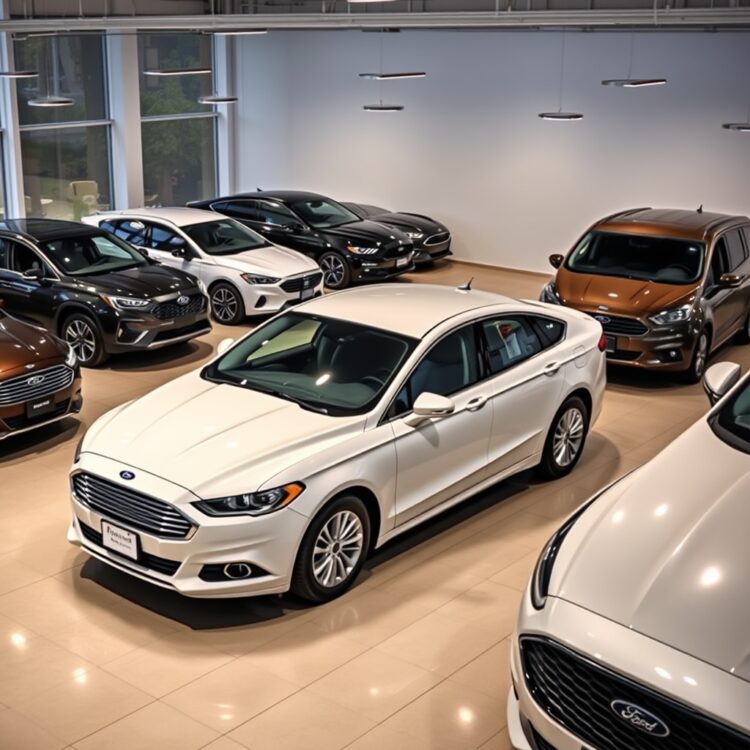A sleek lineup of Ford vehicles including sedans, SUVs, and trucks parked in a showroom, highlighting the variety and appeal of Ford's most popular models under bright, professional lighting.