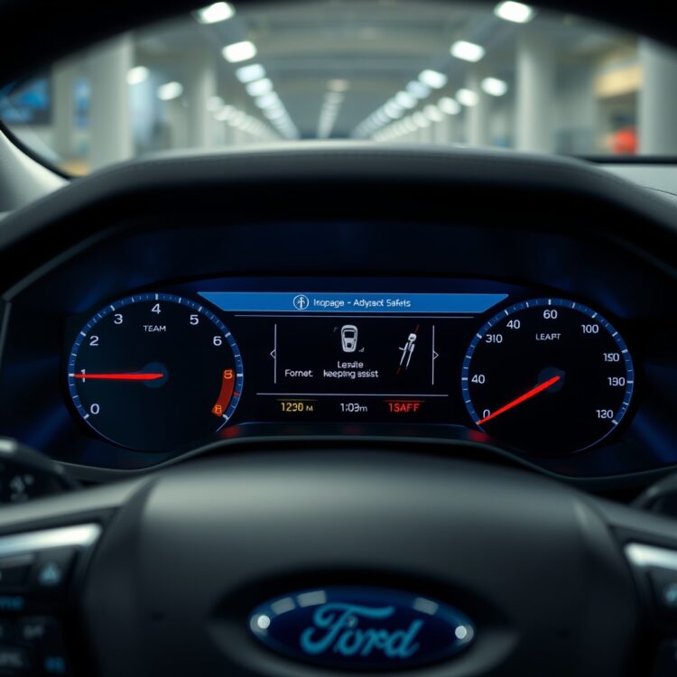 A close-up of a Ford vehicle's dashboard showcasing advanced safety features like lane-keeping assist and adaptive cruise control, with a focus on technology and security in a high-quality, professional setting.