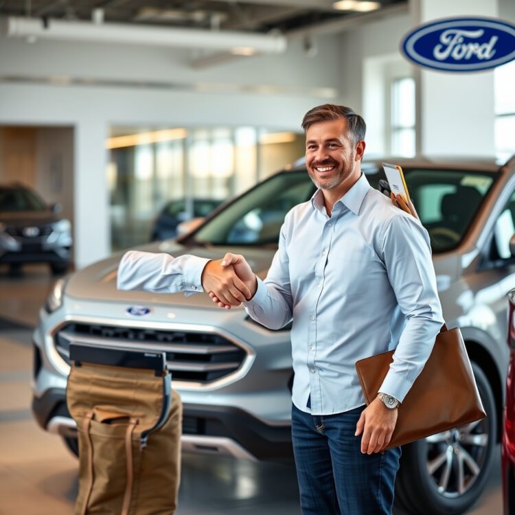 A happy customer shaking hands with a Ford dealer in front of a new Ford vehicle, symbolizing the successful conclusion of the financing and leasing process in a professional, welcoming dealership environment.