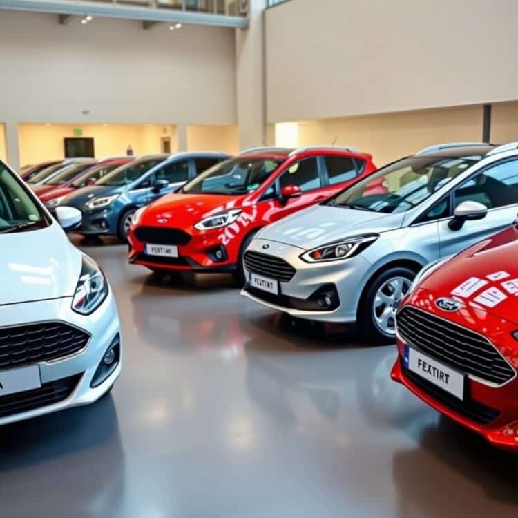 A sleek lineup of compact cars including the Ford Fiesta and its competitors, showcasing their designs and features in a professional showroom setting.