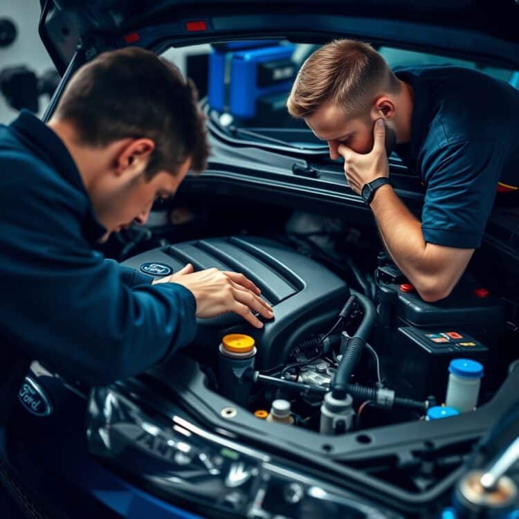 A detailed close-up of a Ford Fiesta engine bay with a mechanic performing maintenance, highlighting the car's reliability and service aspects.
