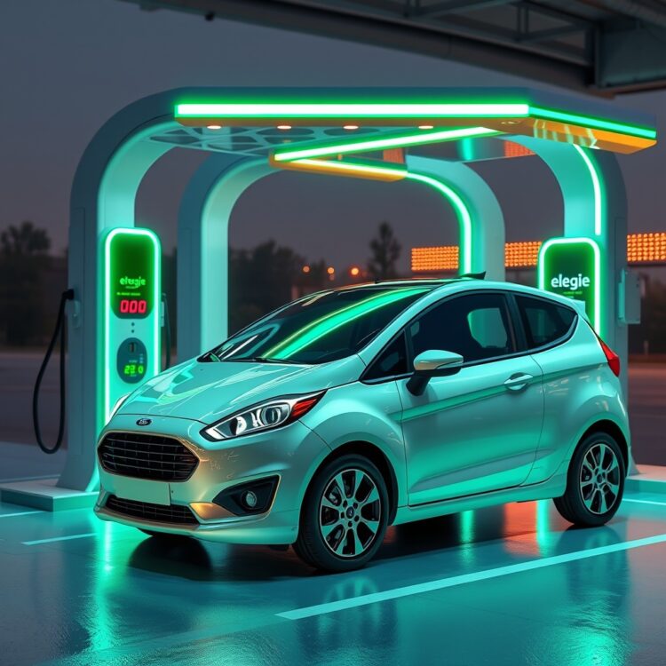 A futuristic electric vehicle charging station with a compact car resembling the Ford Fiesta, symbolizing the transition to electric mobility.