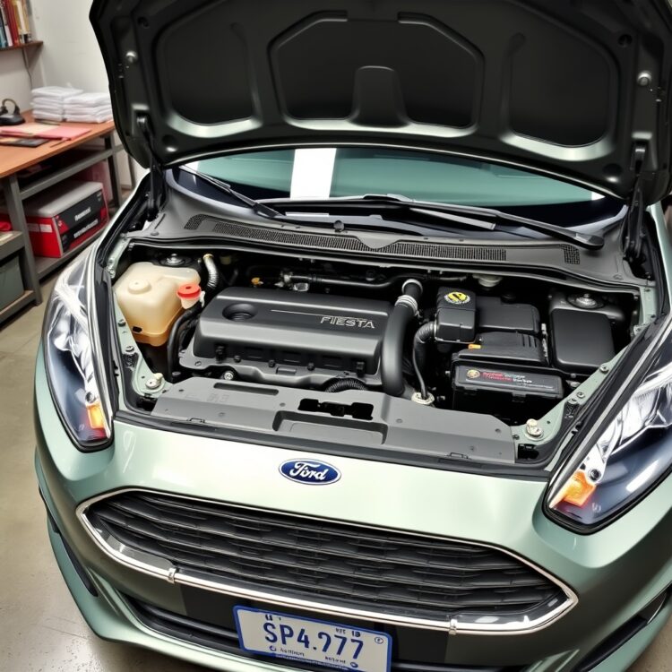 A professional stock photo of a Ford Fiesta with its hood open, showcasing the engine and transmission components, highlighting common repair areas.